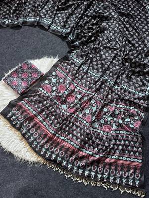 Roman Silk Ajarakh Print And Real Mirror work Saree With Blouse Set For Women's 4