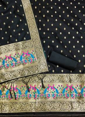 Black Soft Banarasi silk zari woven design dress material 4