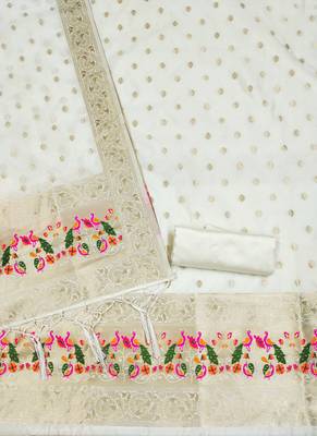 Cream Soft Banarasi silk zari woven design dress material 4