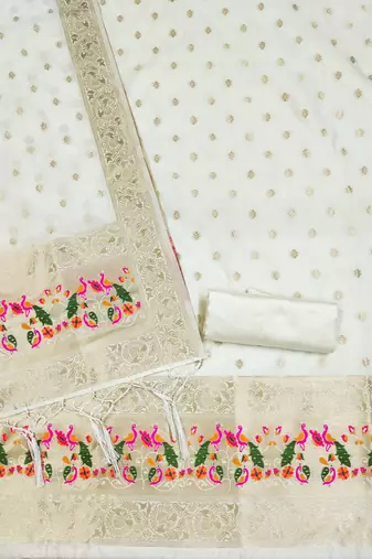 Cream Soft Banarasi silk zari woven design dress material