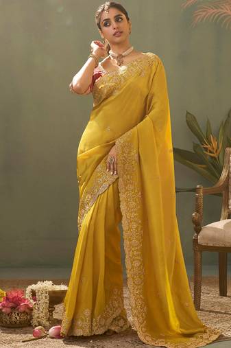 Yellow silk embroidered designer saree
