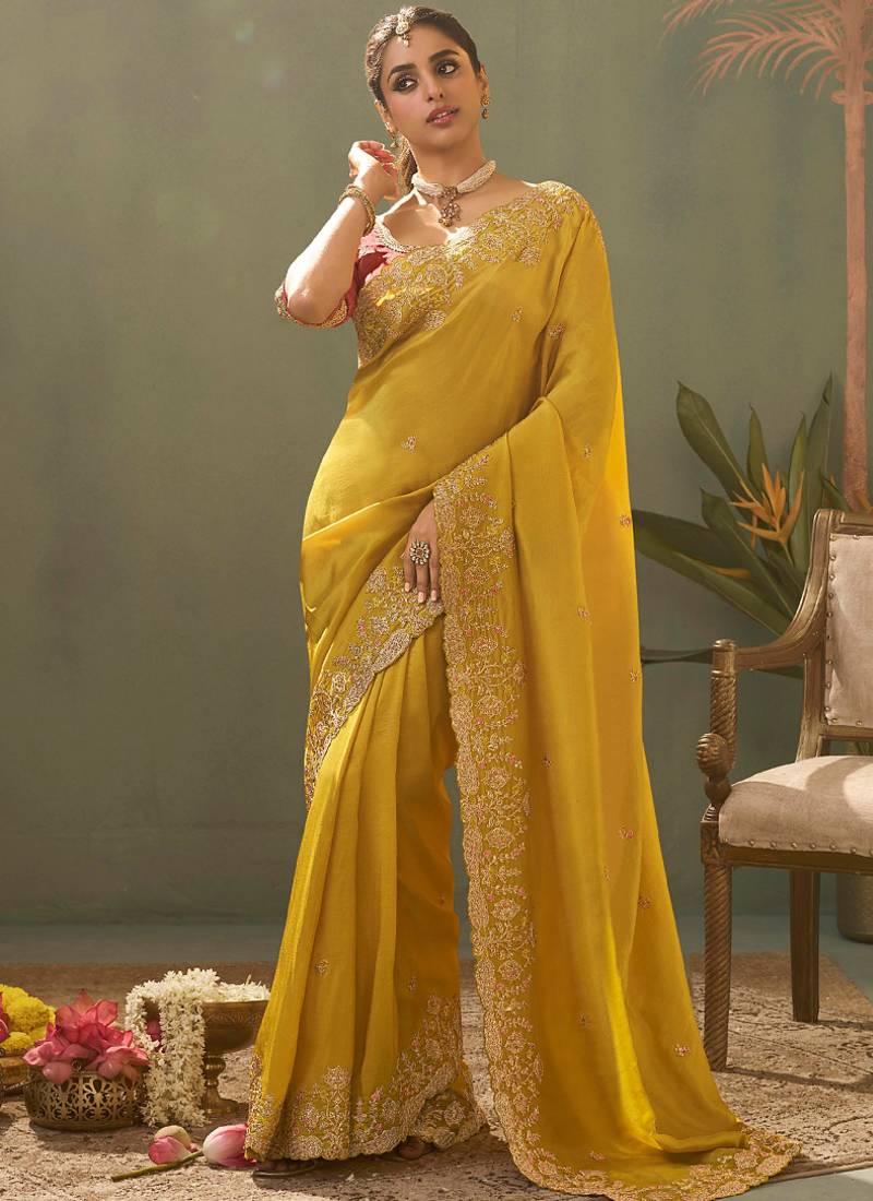 Yellow silk embroidered designer saree