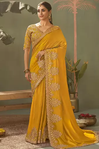 Yellow gota patti embroidered designer saree with blouse