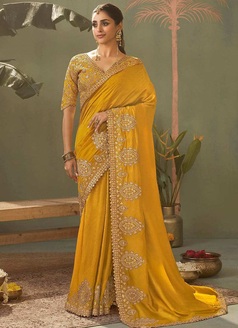Yellow gota patti embroidered designer saree with blouse