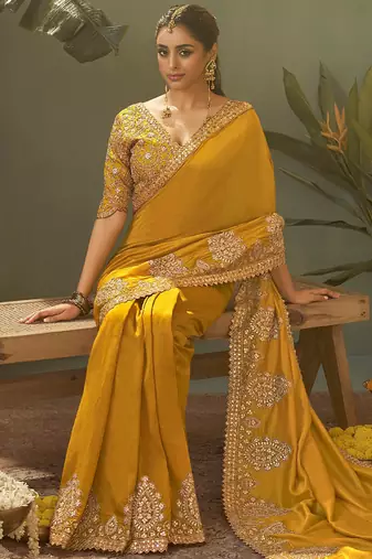 Yellow gota patti embroidered designer saree with blouse