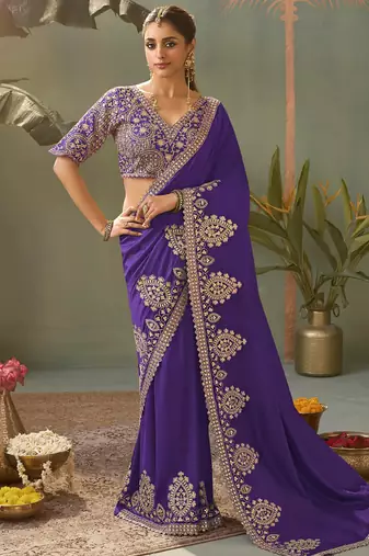 Violet gota patti embroidered designer saree with blouse