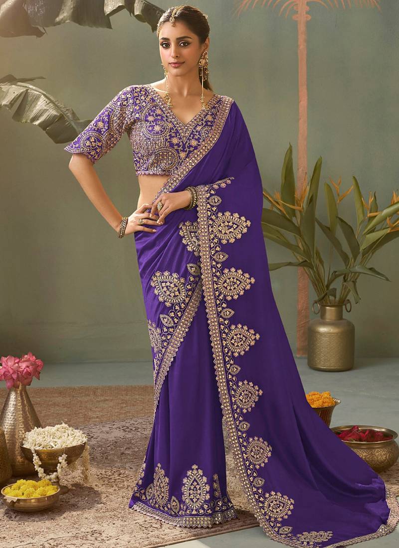 Violet gota patti embroidered designer saree with blouse