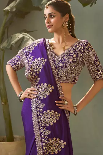 Violet gota patti embroidered designer saree with blouse