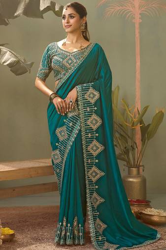 Turquoise gota patti embroidered designer saree with blouse