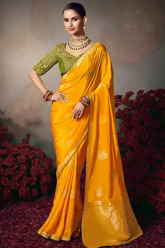 Yellow chiniya silk heavy designer embroidered saree