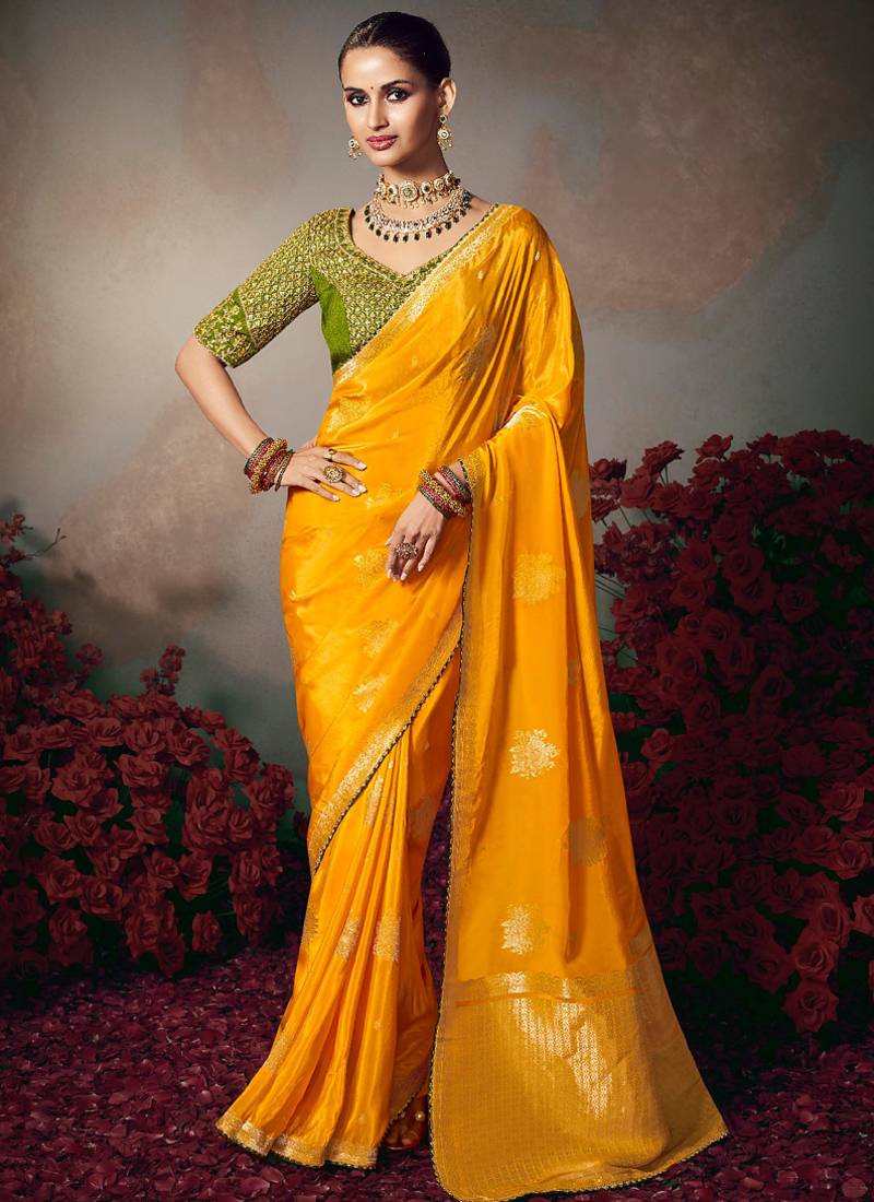 Yellow chiniya silk heavy designer embroidered saree