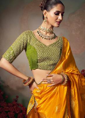 Yellow chiniya silk heavy designer embroidered saree 2