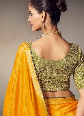 Yellow chiniya silk heavy designer embroidered saree 3