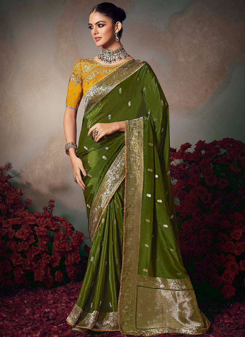 Dark green chiniya silk heavy designer embroidered saree