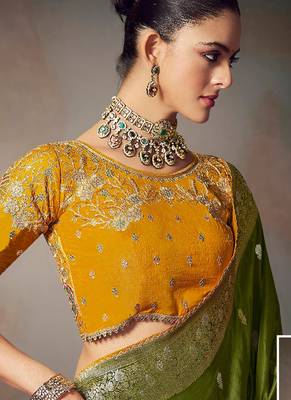 Dark green chiniya silk heavy designer embroidered saree 2