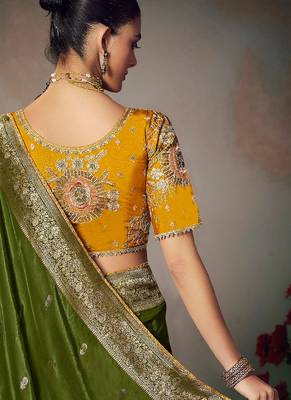 Dark green chiniya silk heavy designer embroidered saree 3
