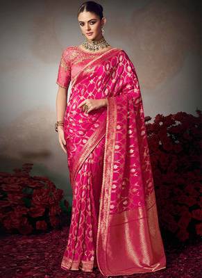 Pink chiniya silk heavy designer embroidered saree 1