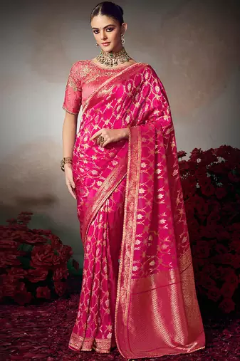 Pink chiniya silk heavy designer embroidered saree