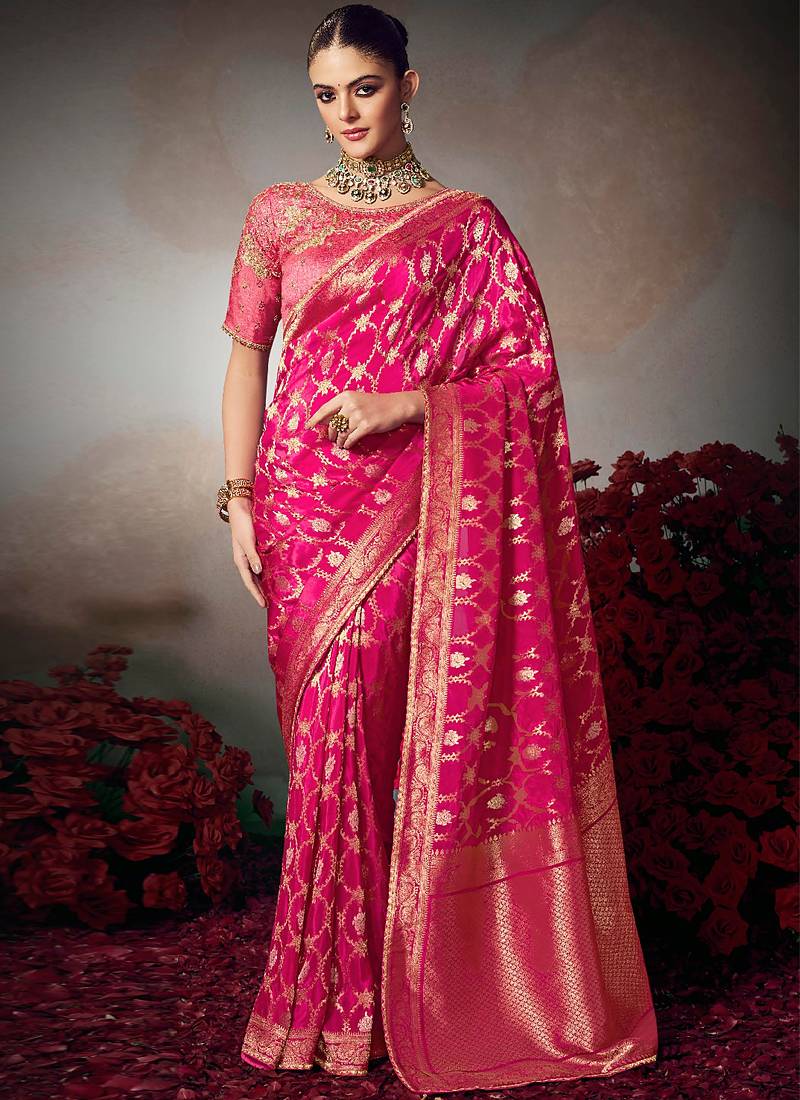 Pink chiniya silk heavy designer embroidered saree