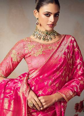 Pink chiniya silk heavy designer embroidered saree 2
