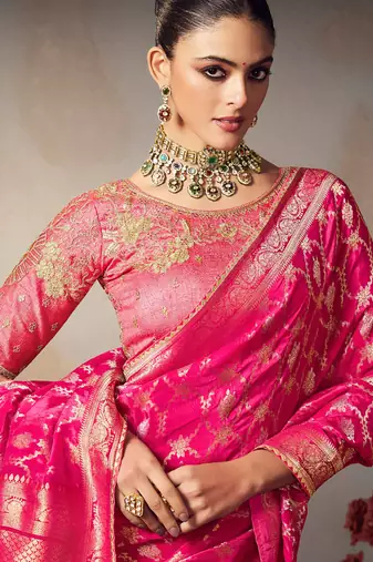 Pink chiniya silk heavy designer embroidered saree