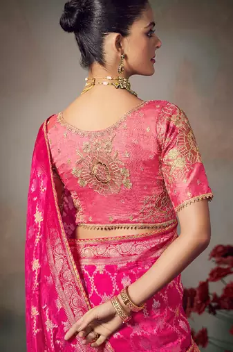 Pink chiniya silk heavy designer embroidered saree