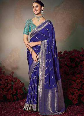 Blue chiniya silk heavy designer embroidered saree 1