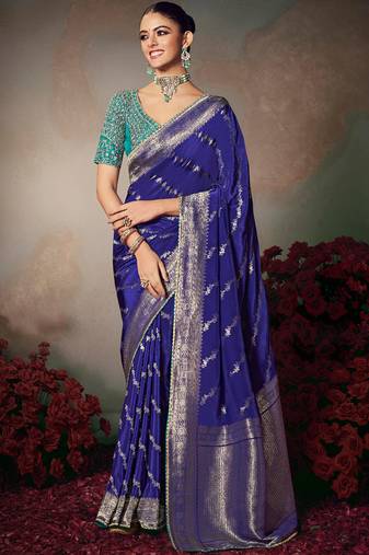 Blue chiniya silk heavy designer embroidered saree