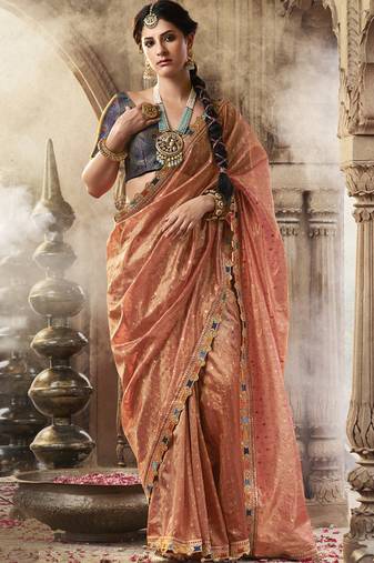 Peach and blue multi embroidered tissue silk saree