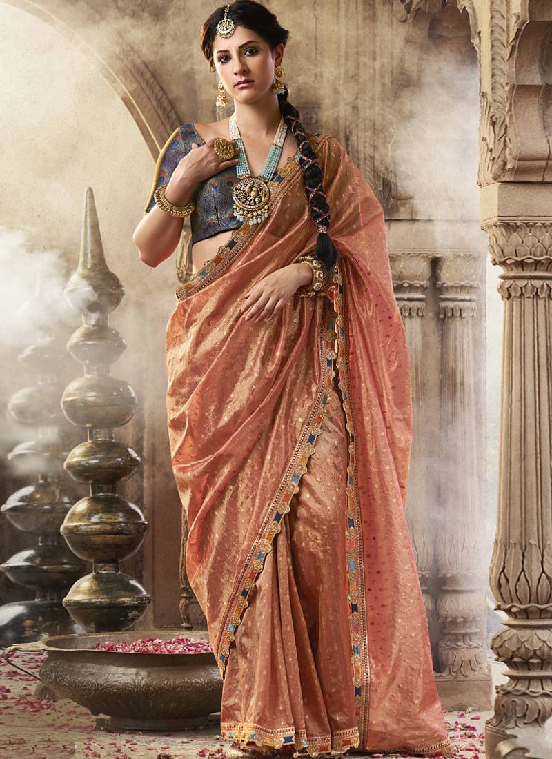 Peach and blue multi embroidered tissue silk saree