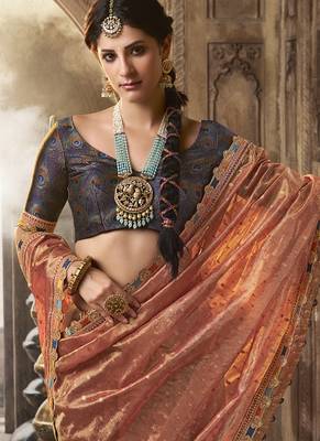 Peach and blue multi embroidered tissue silk saree 2