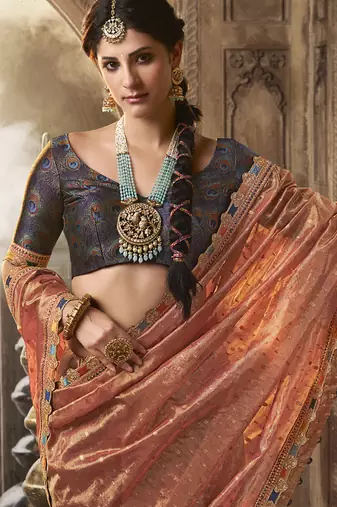 Peach and blue multi embroidered tissue silk saree