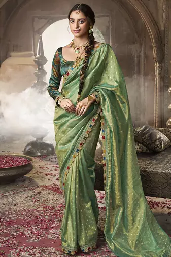 Green golden multi embroidered tissue silk saree