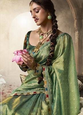 Green golden multi embroidered tissue silk saree 2