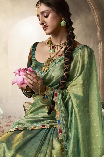 Green golden multi embroidered tissue silk saree