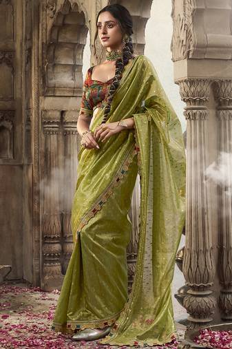 Green and red multi embroidered tissue silk saree