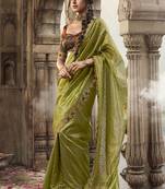 Green and red multi embroidered tissue silk saree