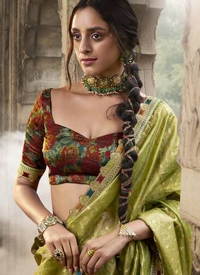 Green and red multi embroidered tissue silk saree 2