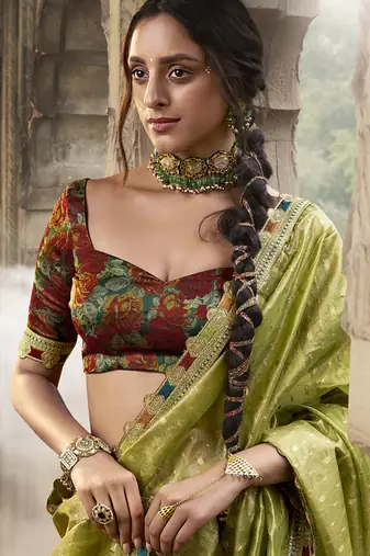 Green and red multi embroidered tissue silk saree