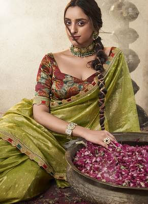 Green and red multi embroidered tissue silk saree 3