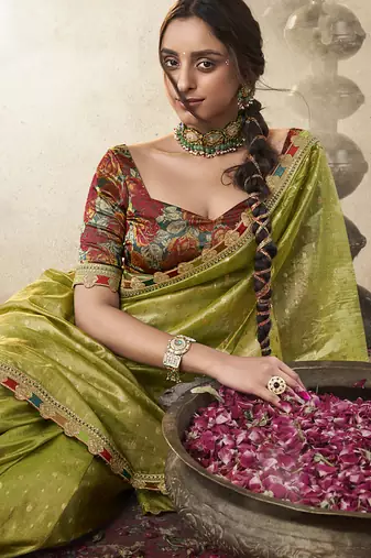 Green and red multi embroidered tissue silk saree