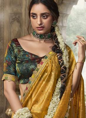 Yellow multi embroidered tissue silk saree 2