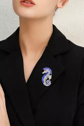 Blue crystal seahorse designer brooch pin for women & men