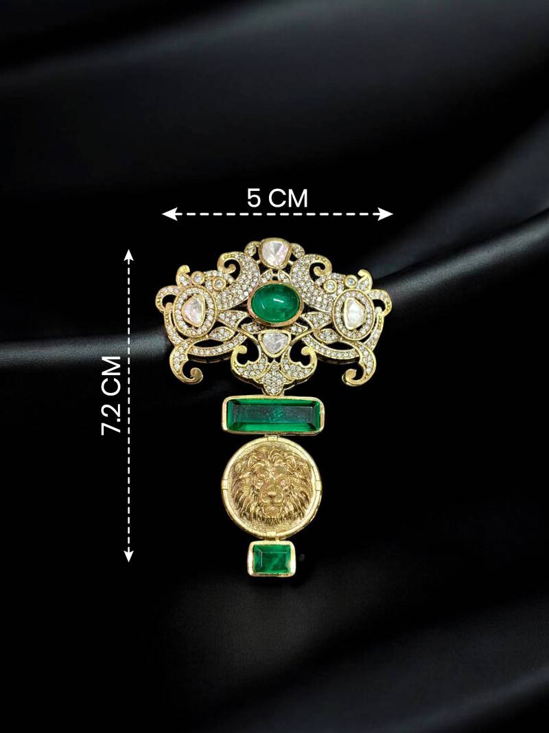 Royal green stone lion motif designer brooch pin for women & men