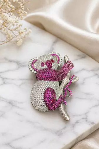 Adorable pink crystal koala statement brooch