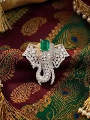 Royal elephant green and silver stone crystal designer brooch pin for women & men 4
