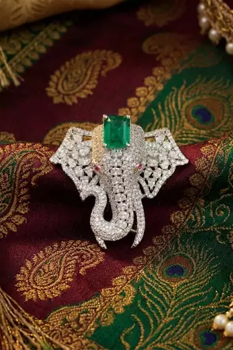 Royal elephant green and silver stone crystal designer brooch pin for women & men