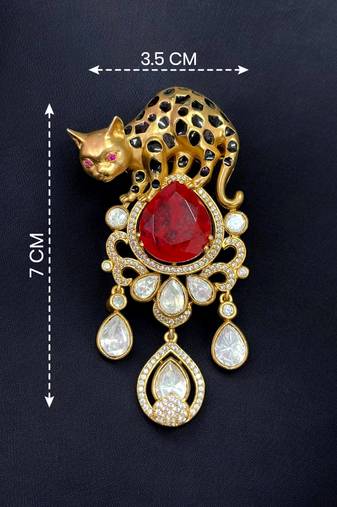 Luxury panther motif gold plated brooch with red stone & kundan drops     designer  pin for women & men
