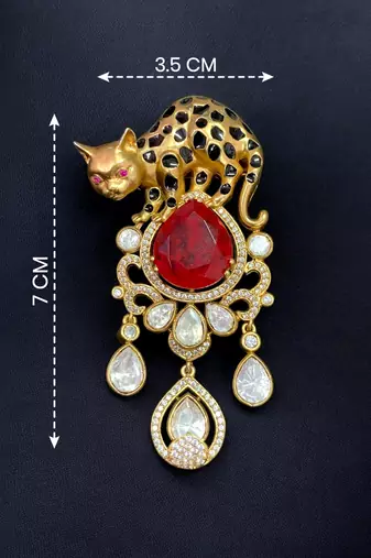 Luxury panther motif gold plated brooch with red stone & kundan drops     designer  pin for women & men