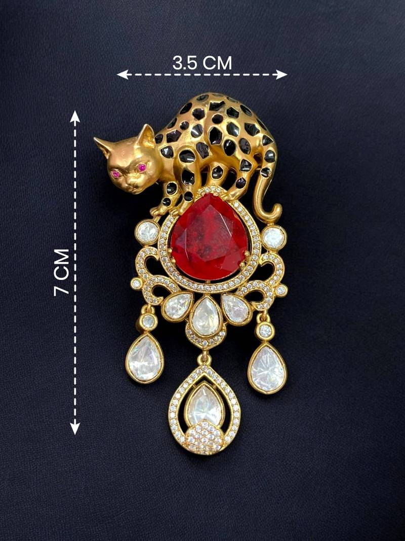 Luxury panther motif gold plated brooch with red stone & kundan drops     designer  pin for women & men